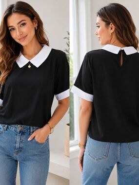 NWT Verdusa Women's Med Black Blouse with White Collar